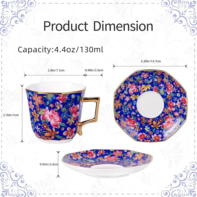 KAMMAK Tea Cup and Saucer, Ceramic Coffee Cups, 4.4 oz, Afternoon Tea and - Image 2