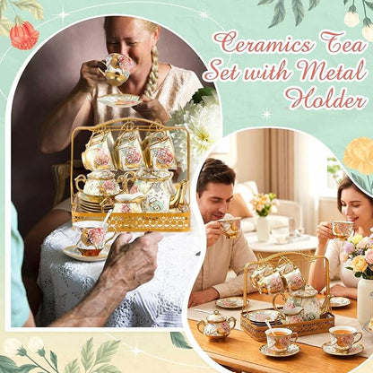 22 Pcs Porcelain Tea Set with Metal Holder, Vintage European Floral Tea Set - Image 7