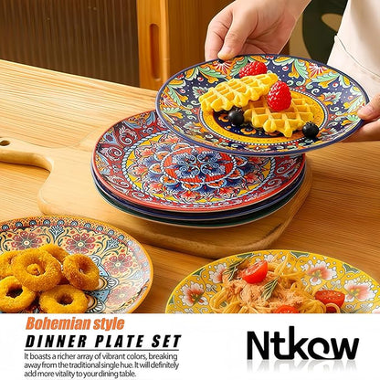 6piece Bohemian ceramic plates 8inch pasta plates spacious, suitable for microwave oven and dishwasher perfect for holiday parties and family gatherings