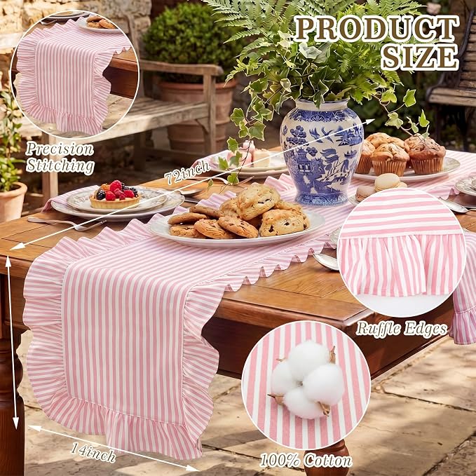 HunnmingRe Ruffle Trim Boho Table Runner Farmhouse Rustic Stripes Scalloped - Image 2