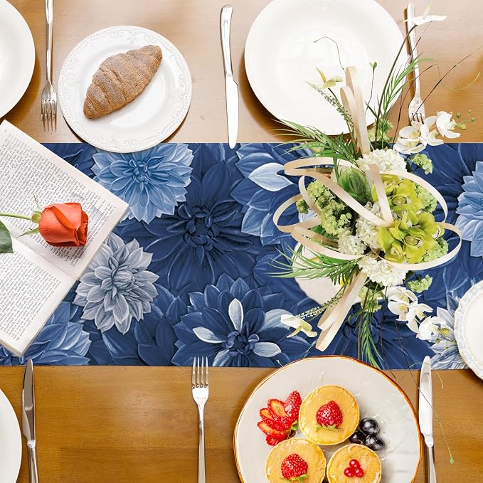 Navy Blue Dahlia Flower Summer Table Runner Blue Gray Burlap Table Runners - Image 6