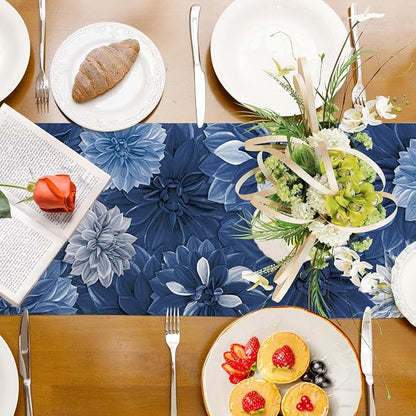 Navy Blue Dahlia Flower Summer Table Runner Blue Gray Burlap Table Runners - Image 6
