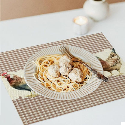 Rustic Rooster Placemat Set, Vintage Boho Farmhouse Colorful Watertcolor Chicken Pink Plaid Pattern Home Decor Table Mats for Dining Room Kitchen Party (17x12in) x6P
