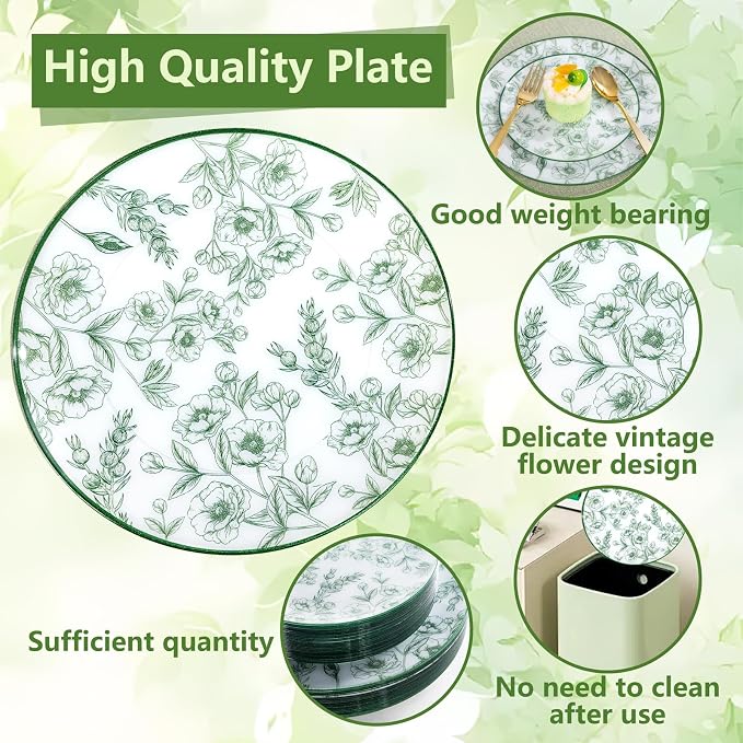 60PCS Green Floral Plastic Plates - Image 3