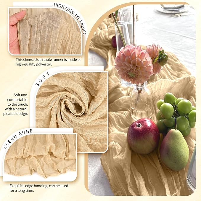 Showgeous 2 Pack Nude Cheesecloth Table Runners Boho Wedding Decor | Rustic - Image 3