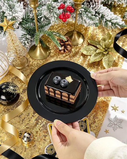 bUCLA 100 Pieces Black Plastic Plates - 6.25 inch Disposable Dessert/Salad/Appetizer/Small Cake Plates for Party, Graduation & New Year