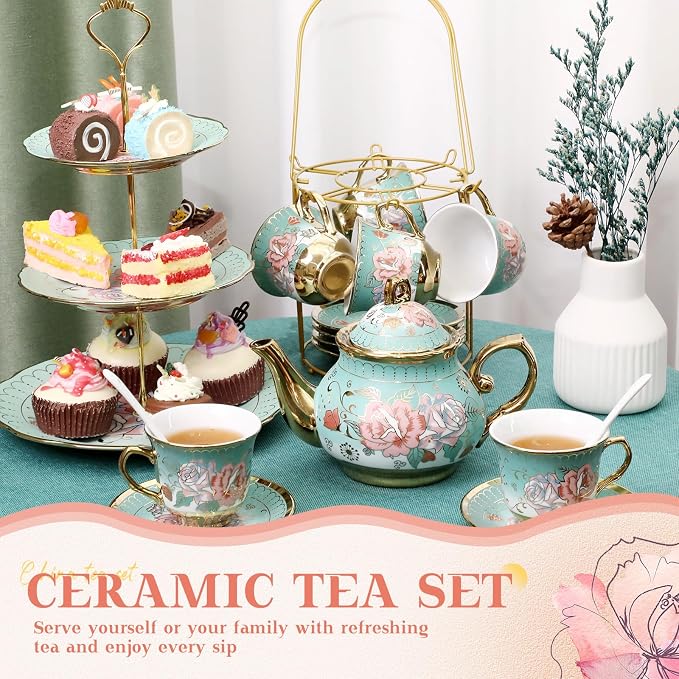 21 Pcs Ceramic Teapot Set Vintage Porcelain Tea Cups - Image 4