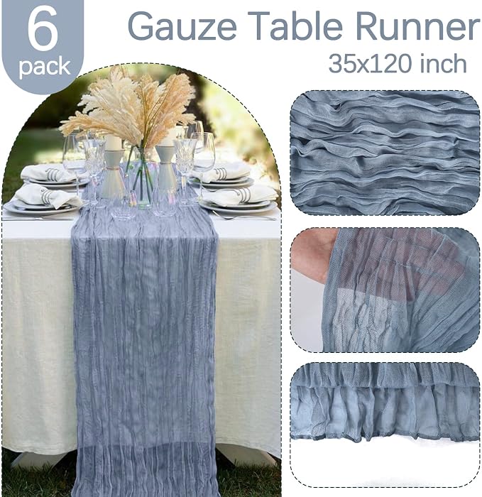 6 Pack Dusty Blue Cheesecloth Table Runner 35 x 120 Inch | Boho Gauze Fabric - Image 3
