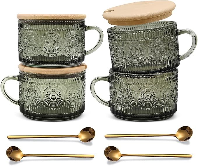 Vintage Coffee Mugs Set of 4 Green, 14 Oz Overnight Oats Containers by JVJRFQ