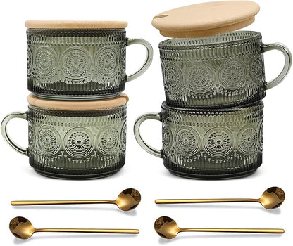 Vintage Coffee Mugs Set of 4 Green, 14 Oz Overnight Oats Containers by JVJRFQ