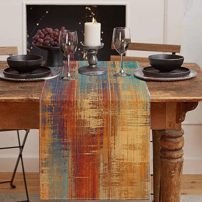 Emvency Table Runner, 13x90 Inch, Abstract Vintage Blue | Rust Painting Dining by Emvency
