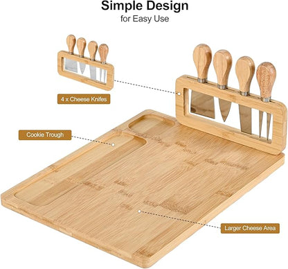 Bamboo Cheese Board and Knife Set - 14” x 11” Large Charcuterie Boards Set, Cheese Tray Platter Servers with Clasp Knife Holder, Gift for Anniversary, Housewarming, Christmas, Thanksgiving