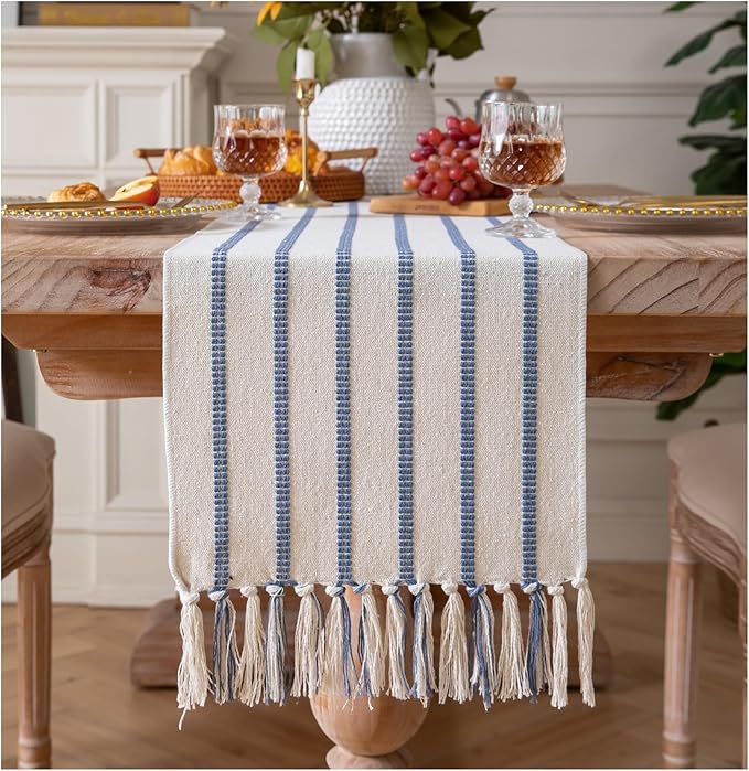 Caflife Boho Table Runner 60 Inchs Long Blue and Beige, Cotton and Linen Woven by Caflife