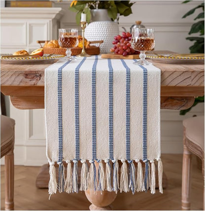 Caflife Boho Table Runner 72 Inchs Long Blue and Beige, Cotton and Linen Woven by Caflife