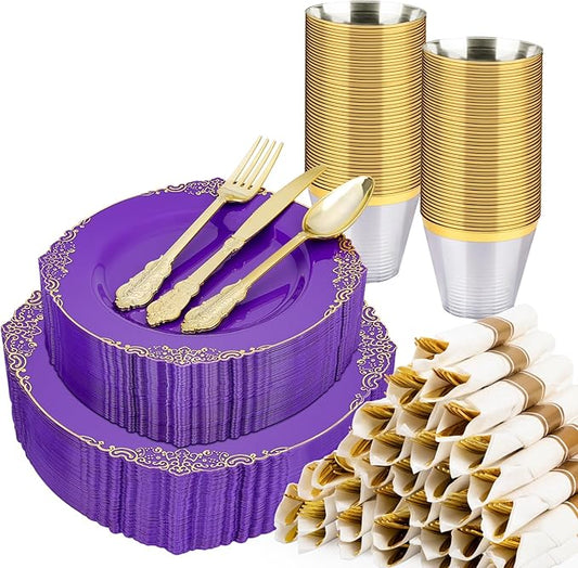 350 PCS Purple and Gold Plastic Plates, Plastic Dinnerware Set for 50 Guests, 100 Disposable Plates, 150 Silverwares, 50 Cups, 50 Napkins for Party, Wedding, Graduation