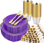 350 PCS Purple and Gold Plastic Plates, Plastic Dinnerware Set for 50 Guests, 100 Disposable Plates, 150 Silverwares, 50 Cups, 50 Napkins for Party, Wedding, Graduation