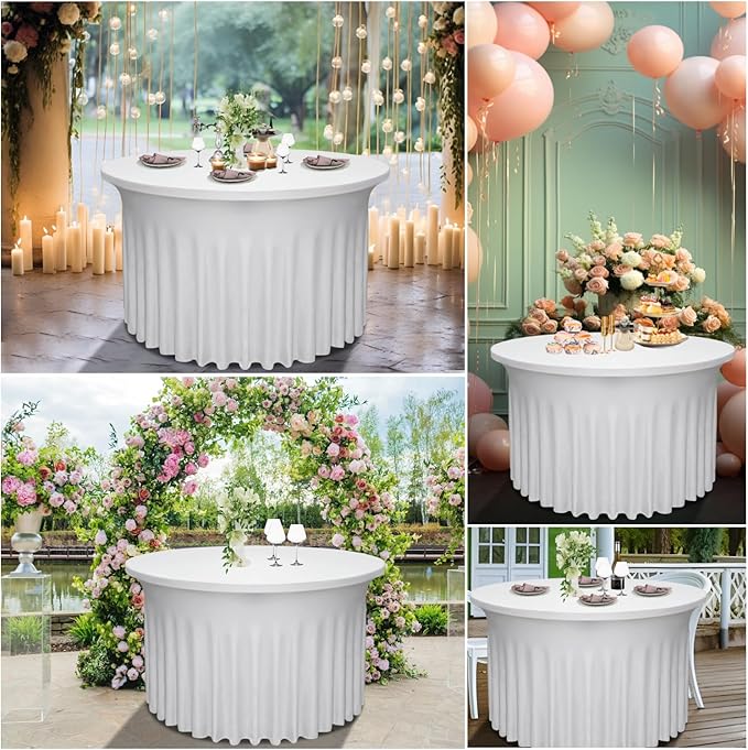 4 Pack White Round Table Skirt, 48 Inch Diameter x 30 Inch Height, Stretch Polyester Spandex Tablecloth for 4ft Round Tables, Stain & Wrinkle Resistant for Wedding, Party, Banquet Decor