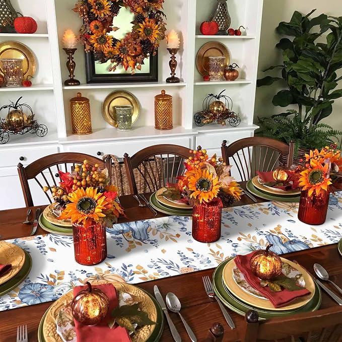 Blue Pumpkin Fall Table Runner 120 Inches Long, Thanksgiving Floral Eucalyptus - Image 6