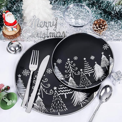 KIRE 150PCS Christmas Plates Disposable & Dinnerware Set for 25 Guests - Black & Silver Plates, Plastic Silverware & Cups With Silver Rim for Christmas/New Year