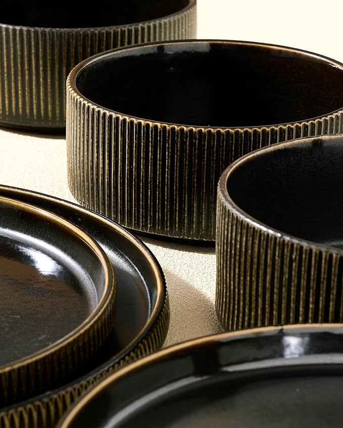 Ceramic Plates & Bowls Sets for 6, Handmade Reactive Glaze | Black Gold - Image 4