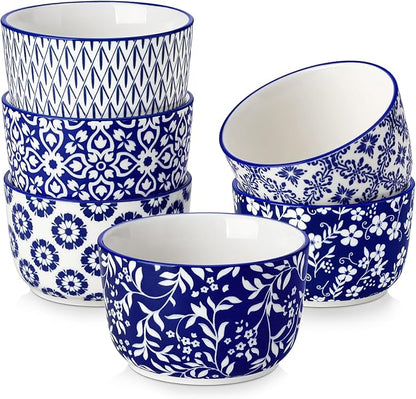 vancasso Selene 8 oz Ceramic Ramekins Set of 6, Large Capacity Oven-Safe Baking Cups for Soufflés, Snack Serving, Desserts, Blue and White Serving Bowls