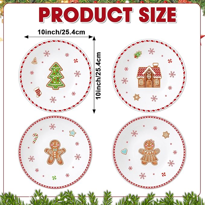 4 Set 10 Inch Christmas Dinner Plates Melamine Christmas Gingerbread Man - Image 2