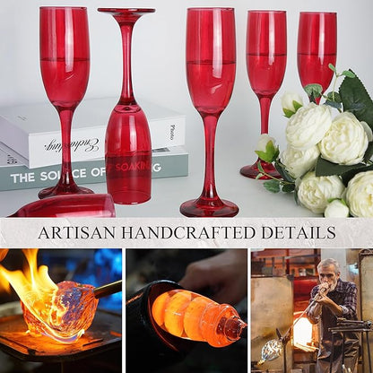 Champagne Flutes Glasses Set of 6-6oz Elegant Red Glass, Unique Red Colored Long Stem Champagne Flute Gift for Wedding, Anniversaries, Parties, Birthday, Restaurant, Home Bar
