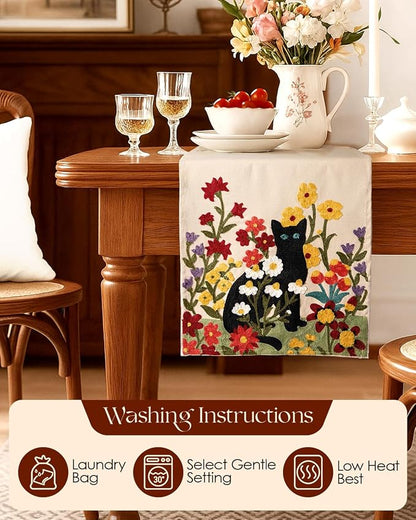 Canvas Embroidered Narrow 13"x 72" Table Runner, Cat in Flower | Exquisite - Image 4