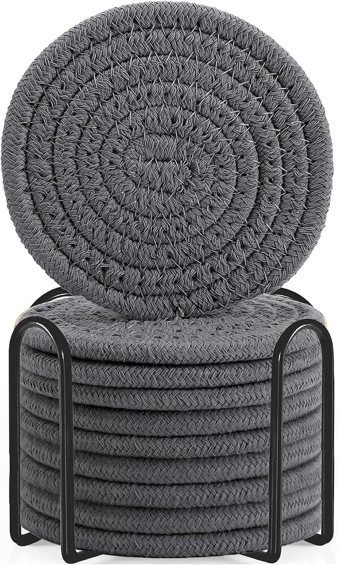 ABenkle Drink Coasters with Holder Set of 10, Cotton Woven Absorbent Coasters by ABenkle