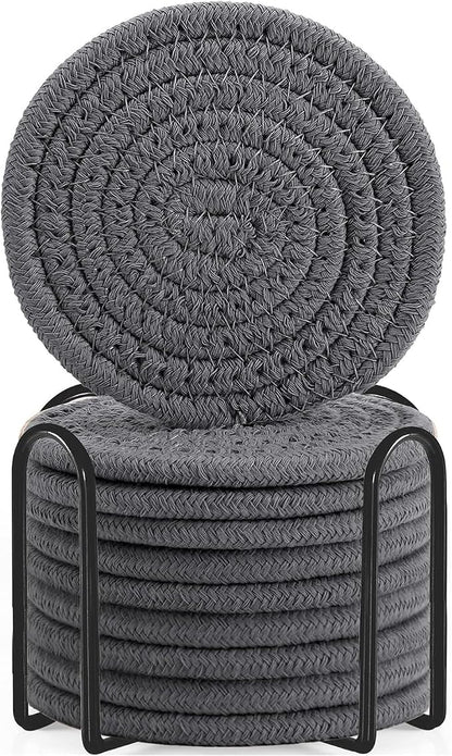 ABenkle Drink Coasters with Holder Set of 10, Cotton Woven Absorbent Coasters by ABenkle