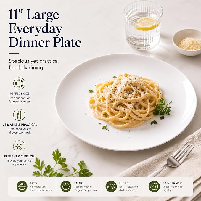 White Dinner Plates Set of 6, 11 Inch Ceramic Plates – White Porcelain Dinner - Image 2