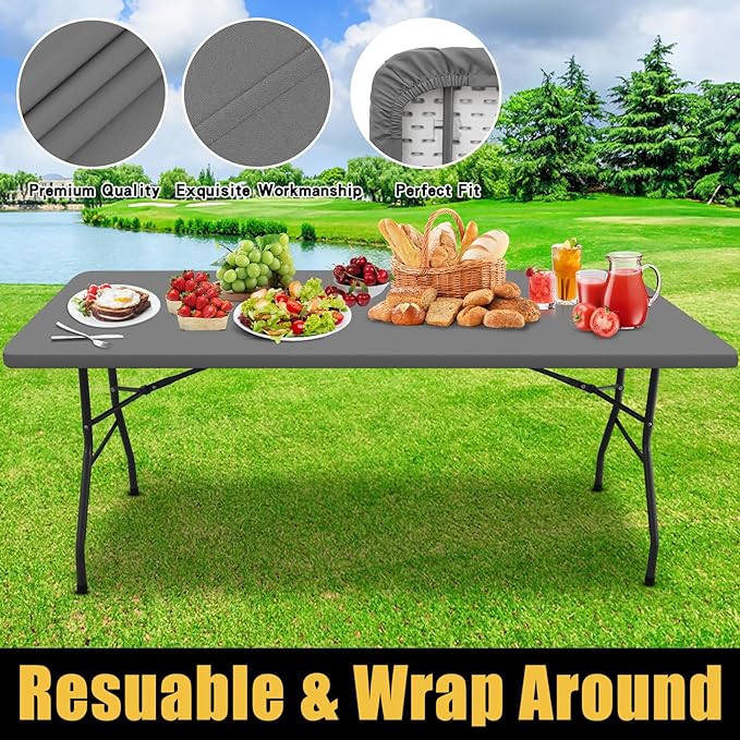 Smiry Rectangle Picnic Table Cloth, Waterproof Elastic Fitted Tablecloths for 8 Foot Tables, Washable Polyester Table Cover for Camping, Indoor and Outdoor (Grey, 30"x96")