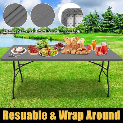 Smiry Rectangle Picnic Table Cloth, Waterproof Elastic Fitted Tablecloths for 6 Foot Tables, Washable Polyester Table Cover for Camping, Indoor and Outdoor (Grey, 30"x72")
