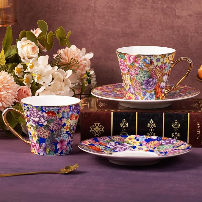 KAMMAK Tea Cup and Saucer, Ceramic Coffee Cups, 7.5 oz, Afternoon Tea and - Image 7