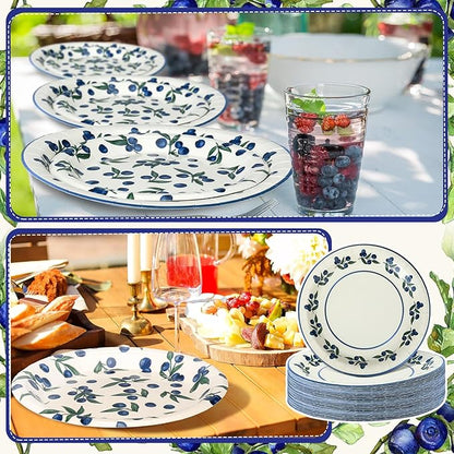 48 Pcs Blueberry Harvest Plates Set Include 9 Inch and 7 Inch Spring Watercolor Disposable Plates Summer Decorative Dinner Birthday Party Tableware for Baby Shower Party Supplies