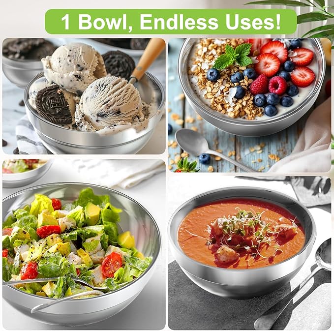 Stainless Steel Bowls, 4 Pack 4.5in 12.8oz 380ml Mini Small SUS304 Double Wall Insulated Stackable Metal Eating Bowl Containers for Serving Snacks Ice Cream Soup Cereal Food Rice Salad