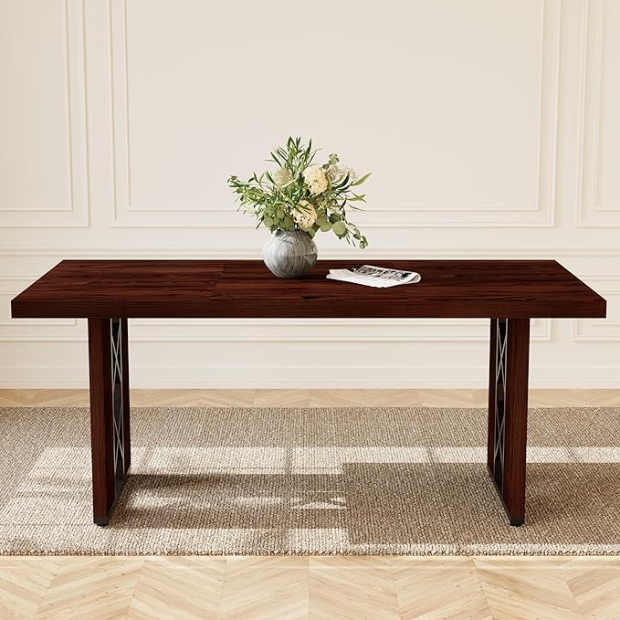70.8" Farmhouse Dining Table for 6 People, Large Rectangle Kitchen Table with Heavy Duty Legs, Industrial Dining Room Furniture for Dinner, Walnut
