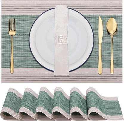 Winknowl Placemats, Set of 6 Heat Resistant Stain Resistant Woven Vinyl Insulation Place mats, Durable Washable Elegant Table Mats for Dining (Striped Green)