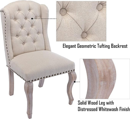 Dining Chairs Set of 4 Farmhouse Linen Fabric Upholstered Accent Chairs Tufted Wingback Host Side Chair for Kitchen/Dining Room/Living Room/Bedroom, Cream