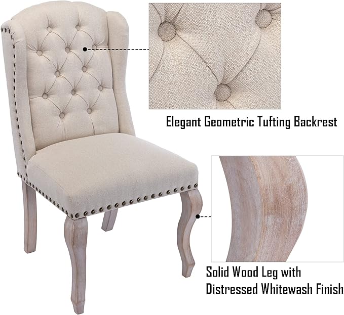 Parsons Dining Chairs Set of 2 Farmhouse Solid Wood Accent Chairs Linen Fabric Host Side Kitchen Chair with Tufted Wingback for Dining Room/Living Room/Bedroom,Cream