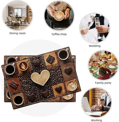 Coffee Placemats Set of 6, Cafe Table Mats, Washable Place Mats for Coffee Bar Home Party Indoor Kitchen Dining Table Decoration 12x18 Inch