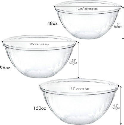 PLASTICPRO Disposable Combo Set of Salad Bowl Includes 4, 48 Ounce 4, 96 oz 4, 150 Ounce Round Crystal Clear Plastic Serving Bowl
