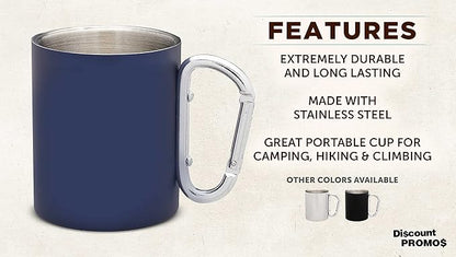 DISCOUNT PROMOS Stainless Steel Mugs with Carabiner Handle 10 oz. Set of 10, Bulk Pack - Perfect for Coffee, Soda, Other Hot & Cold Beverages - Navy Blue