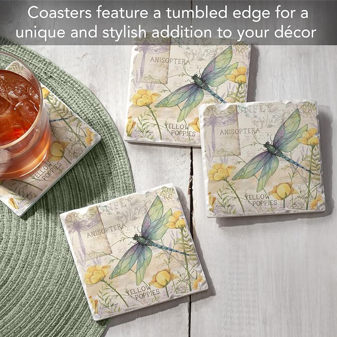 Thirstystone Dragonfly Poppies 4 Pack Tumbled Tile Stone Coasters | 4" Square - Image 2