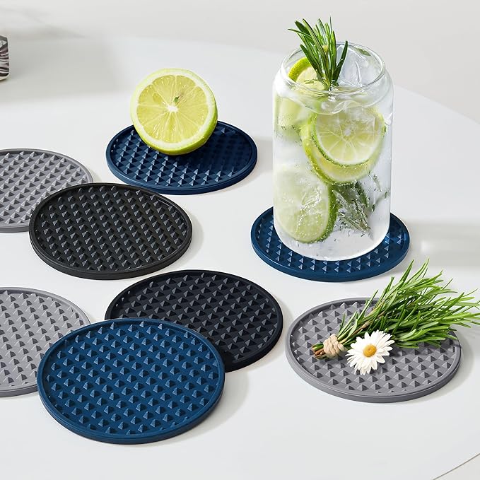 Coasters for Drinks, Silicone Coasters Set of 12 with ABS Holder, Outdoor Coaster for Coffee Table, Non-Slip Rubber Table Cup Mat Desk, Heat Resistant & Scratch-Proof (Black)