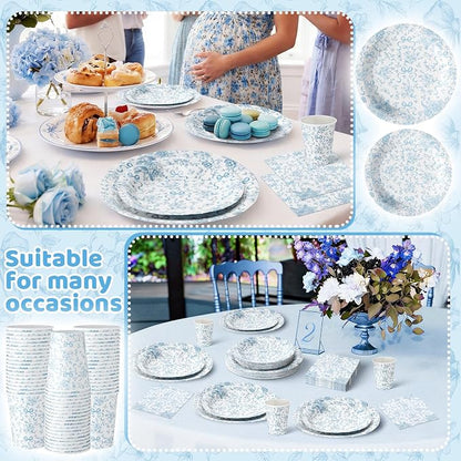 LemonRoad 150 Pcs Blue Bow Floral Disposable Plates and Napkins Bow Coquette - Image 6