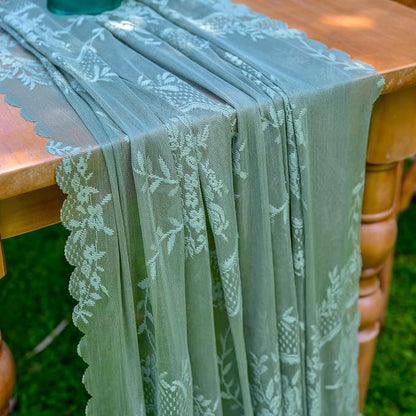 vctops Green Lace Table Runner 120 inch 10FT Floral Embroidered Boho Farmhouse - Image 5