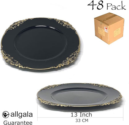 allgala 13-Inch 48-Pack Case Lot Heavy Quality Round Charger Plates-Floral Black Gold Trim-HD80843