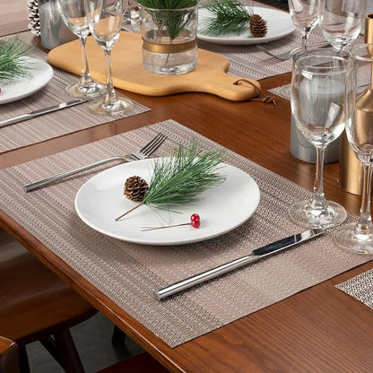 Winknowl Placemats Set of 8, Washable Vinyl Woven Placemats, Heat Resistant & Wipeable Table Mats for Kitchen Dining Table (Pink Gold)