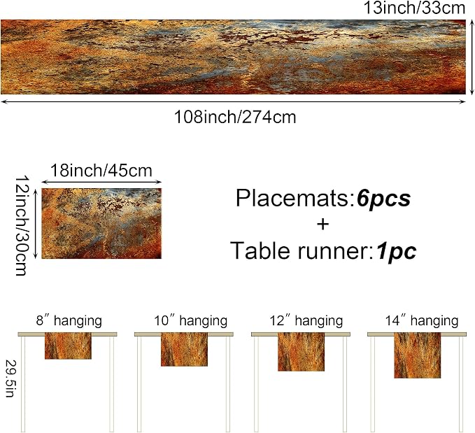 Brown Rust Table Runner and Placemats Set of 6, Linen 108" Long | Abstract - Image 4
